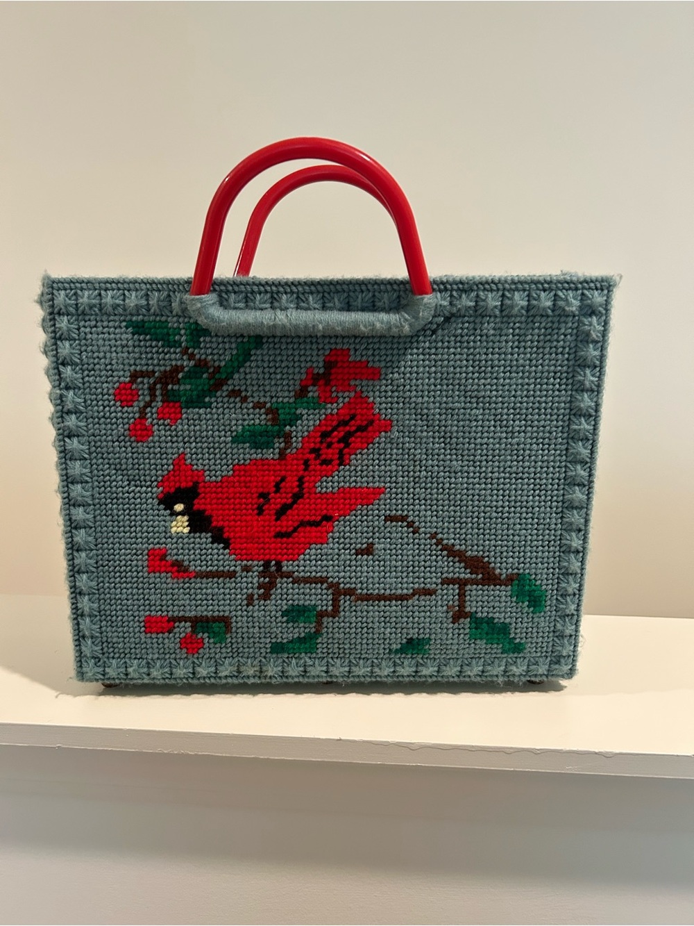 Red Cardinal Needlepoint Tote with Red Handles